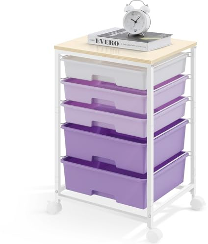 SYKIARIOL Carrito de baño con ruedas con 5 cajones con ruedas con tapa de madera, contenedor con ruedas para cocina, salón, dormitorio, oficina, color morado