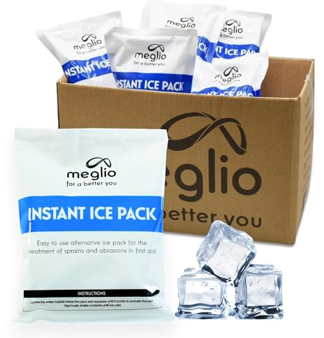 Meglio Instant Cold Ice Packs - Set of 25 Disposable Ice Pack for Pain Relief, Swelling, Inflammation, Sprains, Strained Muscles, Cold Compress Packs for Injuries | (13.5cm x 18cm)