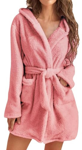Damen-Bademantel mit Kapuze, Sherpa-Fleece, weicher Plüsch, kurzer Bademantel, gemütlich, leicht, Winter-Nachtwäsche, flauschige volle Ärmel, Nachtwäsche, warm, bequem, Morgenmantel für Zuhause und