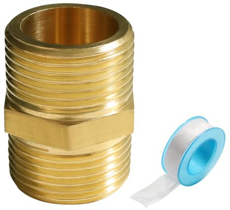 Lyeteung 1 Piezas Recto de Latón G3/4 Macho a G3/4 Macho, Pezón Hexagonal de Latón de Doble, Conector de Pezón Hexagonal de Latón, con Cinta de Plomero, para Conversión de Conexión de Tubería