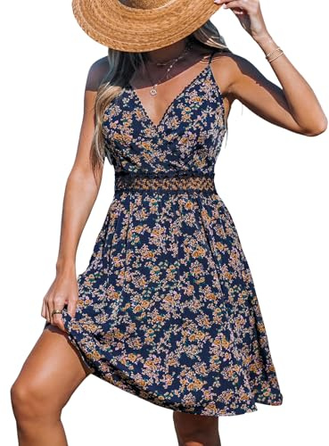 CUPSHE Mini robe d'été pour femme avec encolure en V tropicale fleurie en crochet sans manches à épaules réglables A Line, M