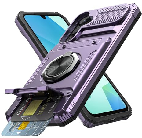 Coolden for Samsung A16 Phone Case with Card Holder [Max 2 Cards] Ring Holder Kickstand Shockproof Military Grade Heavy Duty Protective Wallet Cases Cover for Samsung Galaxy A16 Phone Case-Purple