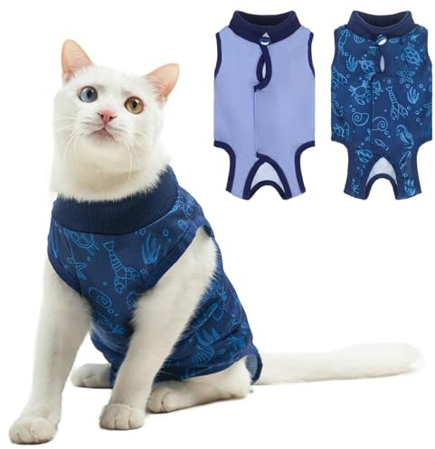 BEAUTYZOO 2 Pack Cat Recovery Suit, Cat Onesie for Cats After Surgery Female Male, Kitten Spay Neuter Surgical Recovery Body Suit Cone of Shame Alternative, Anti Lick Pet Anxiety Vest, Blue M