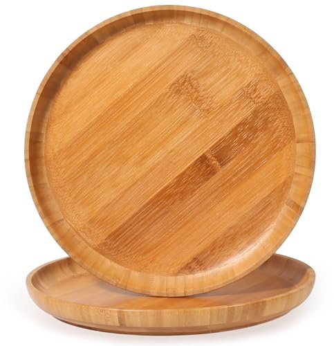 ZTHapwa Bamboo Wooden Dinner Plates Set of 2, 10 inch Decorative Serving Tray for Coffee Table and Home Decor, Round Serving Platters and Trays for Pasta/Fruit/Charcuterie, Reusable Charger Plates