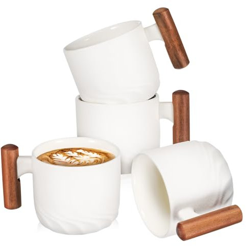 Alipis 4piezas Tazas De Cerámica Para Café Espresso Tazas De Té De Cerámica Asas De Madera