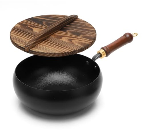 Wapasezyar Padella in ferro non rivestita, in ferro, forgiata a mano, con funzione di ritenzione del calore, antiaderente padella, grande pentola per fornelli a gas e a induzione