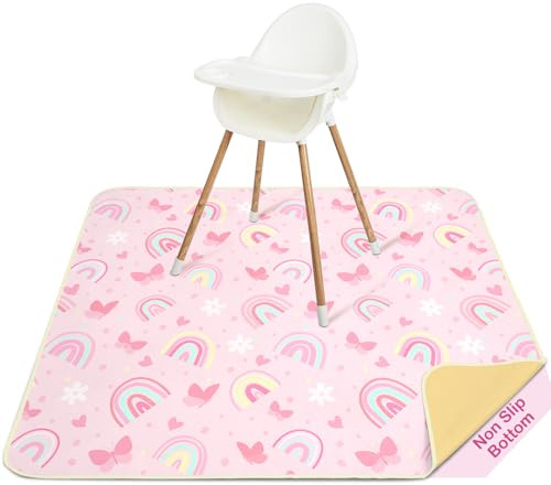 Hochstuhl Bodenmatte Spritzmatte Bodenschutzmatte für Baby,Waschbare Wasserdichter Rutschfester Spritzschutzmatte,Pink Rainbow,107x117cm