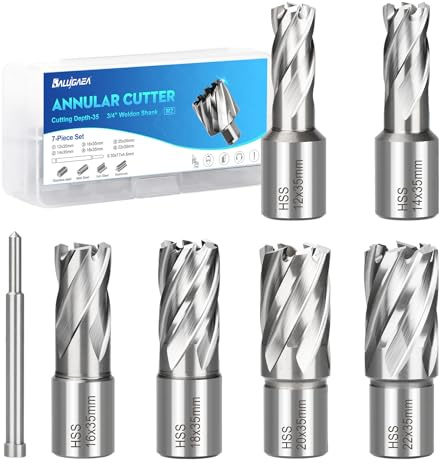 BALUGAEA HSS Kernbohrer Satz 7 teilig, 12/14/16/18/20/22 mm Schneiddurchmesser, 19 mm Weldonschaft, 35 mm Schnitttiefe, Kernbohrer für Magnetbohrmaschinen mit Auswerfstift