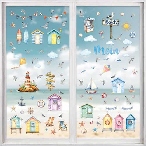 BOOMTOP 9Blatt Fensterbilder Maritim Selbstklebend Möwe Maritime Fenster Aufkleber Leuchtfeuer Fenster Abziehbilder Sticker Meer Fenster Deko Kinderzimmer Abziehbilder Aufkleber Party Dekoration