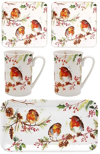 The Leonardo Collection Winter Robins 5pcs Gift Set | Dalscone Farm Themed Bundle with 2 Large Mugs, 2 Coasters and 1 Serving Tray | Festive Home and Kitchen Set for Christmas Gifting and Dining