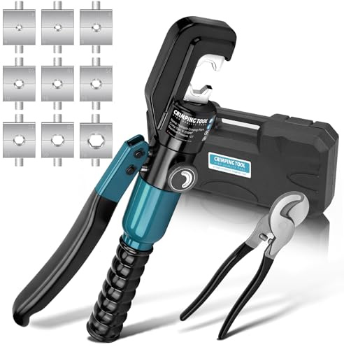Hydraulische Crimpzange Presszange mit Kabelschere | 9 Sätzen der Crimpformen 4-70 mm² für Kabelarbeiten, Autoreparatur, Drahtgitter-Leitplanken Blau