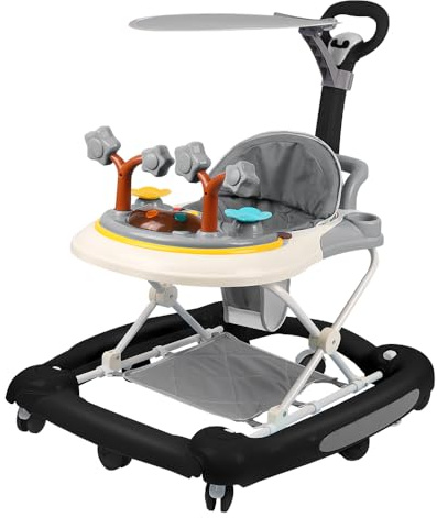 Homewell 3in1 Lauflernhilfe mit Markise, Schiebegriff und Musik, Baby Gehwagen Klappbar, Gehfrei, 5 Höheneinstellungen, Laufstuhl Laufhilfe babys ab 6 Monaten (Schwarz)