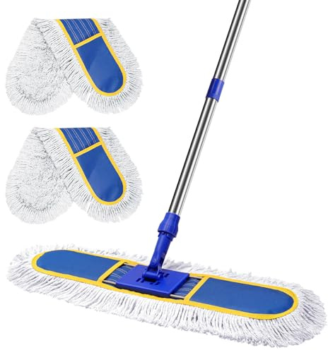 29.5 Commercial Dust Mop for Floor Cleaning,Heavy Duty Floor Duster with 2 Cotton Reusable Mop Pads,61” Long Handle Wet Dry Flat Mops for Hardwood Floors,Marble, Laminate,Tile,Concrete,Garage (Blue)