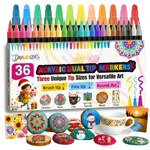 36 Colors Dual Tip Acrylic Paint Markers, Acrylic Paint Pens with Fine Tip, Brush Tip and Round Tip for Rock Painting, Wood, Plastic, Glass, Canvas, Fabric, Pumpkin, DIY Crafts Making Art Supplies