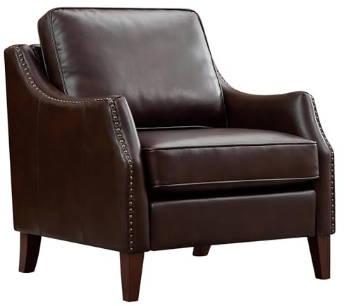 SOFTHION 33.5 Wide Faux Leather Accent Armchair with Nailhead Trim & Solid Wood Legs, Modern Leather Club Chair with Comfy Back & Seat Cushions for Livingroom Bedroom, Chocolate Dark Brown