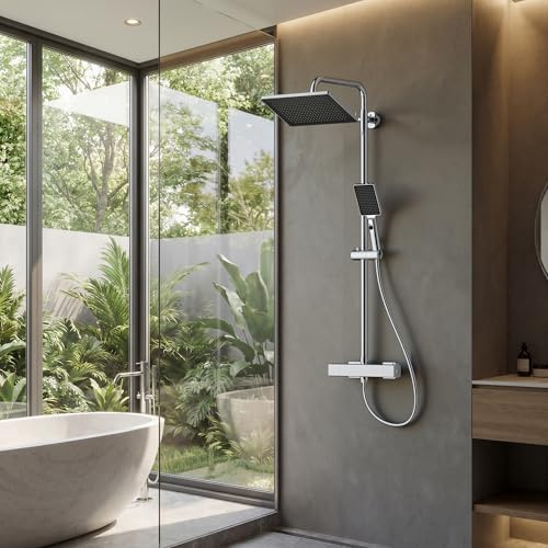 FORIOUS Thermostatic Shower Mixer Set-30cm Overhead Rainfall Black & Chrome | Stainless Steel Bar, Adjustable 90-125cm,3-Jet Hand Shower, Swivel Bracket, Anti-Leak Hose, Anti-Scald