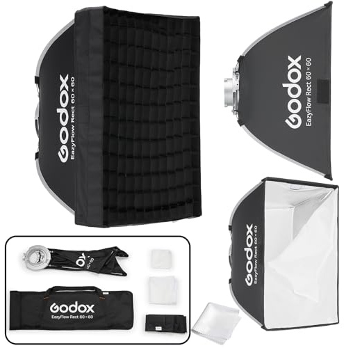 GODOX Softbox Godox EazyFlow Rect - Softbox cuadrado de 60 x 60 cm, modificador portátil de plegado rápido con rejilla, soporte Bowens para flash de estudio y luz de video LED, para retratos y