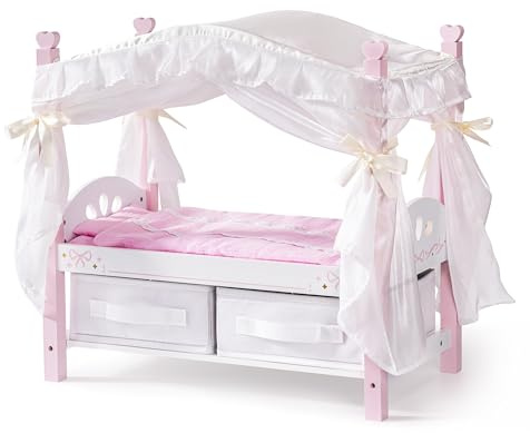 ROBUD Wooden Doll Canopy Bed, Fits 18 Inch Dolls, Pretend Play Toy Age 3+ | Princess Doll Bed with Bedding & Storage Drawers, Toddler Dolls Furniture for Girls, Pink White