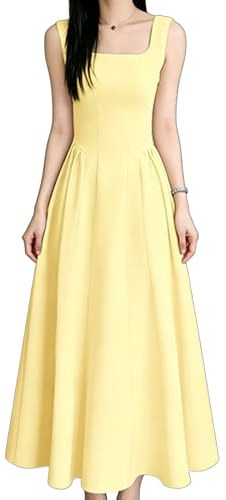 EWYRJYH Vestido de Noche Plisado con Cuello Cuadrado, Cintura Drapeada, Falda Fluida En Línea A, Tirantes con Lazo, Ideal Para Bailes de Graduación y Cenas de Gala(Yellow,S)