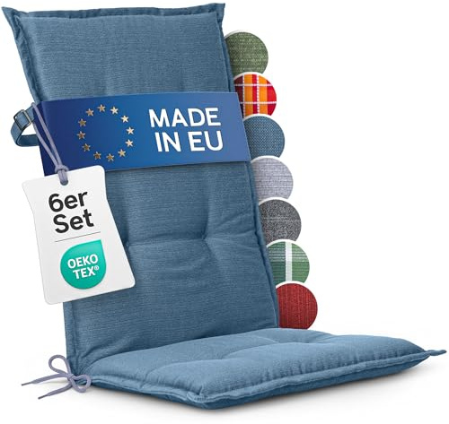 Homeoutfit24 Hochlehner Auflagen, Made in EU, 6er Set, Blau | 120x50 cm, Gartenstuhlauflagen Sitzauflagen, Oeko-Tex Zertifiziert, Hochlehner Polster