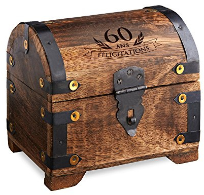 Casa Vivente - Coffre en Bois Style Trésor avec Gravure - Cadeau d'Anniversaire 60 Ans - Boîte à Bijoux - Boîte Cadeau - Tirelire - Bois Foncé
