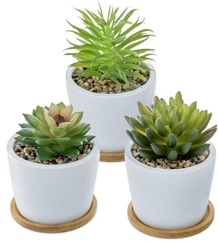 MyGift Assorted Artificial Succulent Plants - Decorative Fake Desert Plants with Pebble Fillers in White Ceramic Pots with Bamboo Saucers, Set of 3