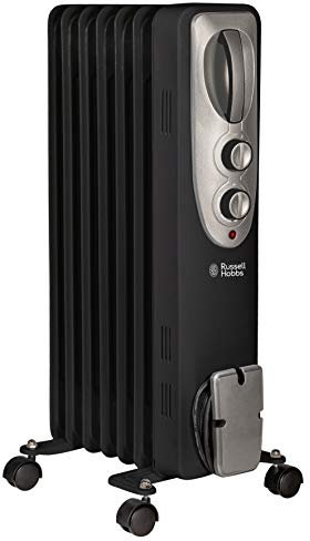Russell Hobbs 1500W/1.5KW Oil Filled Radiator, 7 Fin Portable Electric Heater - Black, Adjustable Thermostat with 3 Heat Settings, Safety Cut-off, 15 m sq Room Size, RHOFR5001B, 2 Year Guarantee