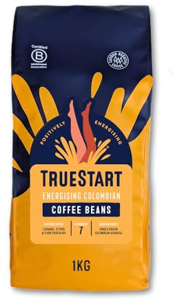 TrueStart Coffee Beans, Smooth Energising Colombian, 1kg, 1 Pack | 100% Arabica, Medium Roast, Single Origin Whole Bean - Mycotoxin-Free & Antioxidant Rich, for Espresso, Filter Brewing