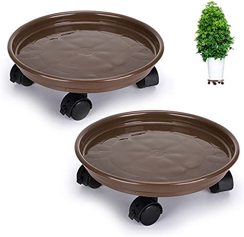 Skelang 2 Pcs Plant Caddy 33cm, Plant Pallet with Brake Castor Wheels, Flower Pot Mover for Garden, Patio, Yard, Deck, Lounge, Loading Capacity 56kg (Brown)