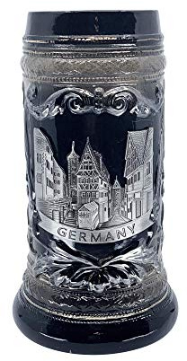 Essence of Europe Gifts 0.6 Liter | OktoberfestHaus German Rothenburg Beer Stein With Metal Emblem On A Charcoal Black Bier Krug Ceramic Stein Mug Tankard