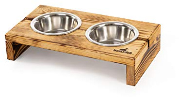 Nobledog Hunde-Napf Set mit Edelstahl-Schalen, Katzen-Napf, erhöht, Holz, Doppel-Fressnapf, Futterstation, Futternapf-Halterung - S-Inhalt: 2X 0,3 L