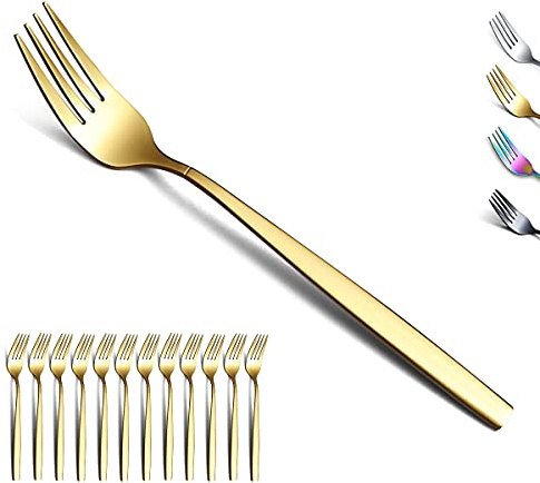 Berglander Gold Dinner Forks of 12, Stainless Steel Titanium Golden Plating Fork Set, Forks And Spoons Silverware, Spoons And Forks Set