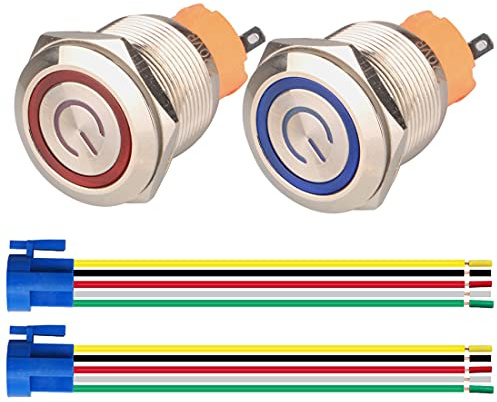 GUUZI 2 Stück Verriegelnder Druckknopfschalter 1NO1NC Wasserdichter Edelstahlmantel 220V-230V/5A LED-Ring Beleuchteter Schalter mit Kabelbuchsenstecker Geeignet für 22mm Montageloch(Blau+Rot)