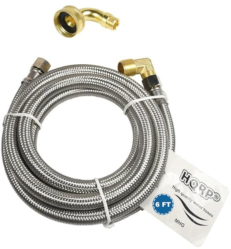 HQRP Dishwasher Fill Hose 6 FT - Stainless Steel Braided Universal Water Supply Line 3/8 Comp x 3/8 Comp 90 MIP Elbow 3/4 Swivel Gooseneck Adapter NSF cUPC Lead-Free Burst-Proof