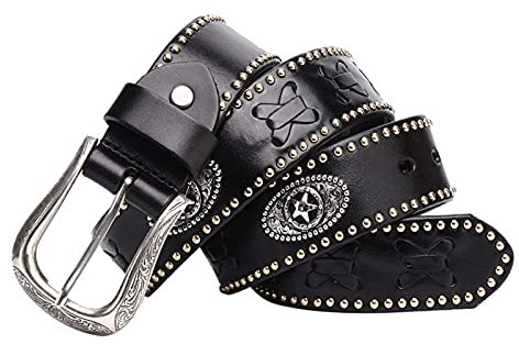 Punk Gothic Nieten Gürtel Für Damen Und Herren Echt Ledergürtel Mit Legierung Dornschließe Nietengürtel Jeansgürtel 3,8 cm Breit Gesamtlänge Ist 105Cm-125Cm,Schwarz,125cm/waist:42~44