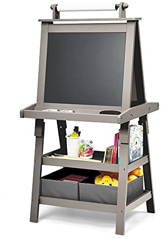 Maxmass 3 in 1 Kids Art Easel, Double-Sided Whiteboard & Chalkboard with Paper Roll, Art Drawing Board Stand for Nursery and Baby Toddler Junior Bedrooms (Grey)