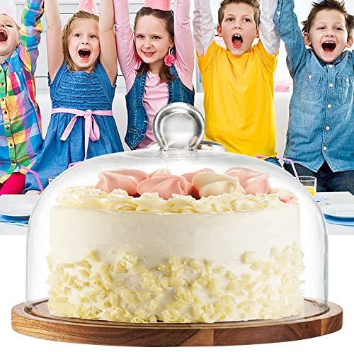 OLAMASA Cake Stand with Dome 2in1 Wooden Cake Plate Serving Tray with Clear Glass Dome Lead-free Cheese Board Cake Plate Server Platter for Home Decor Housewarming Gift (B 18cm/7.08in)