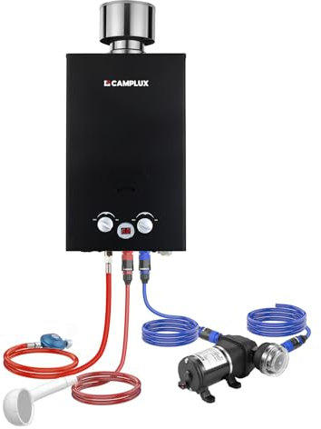 CAMPLUX 10 Liter Gasdurchlauferhitzer mit Wasserpumpe BW264BCP120-DE, Tankless Outdoor Gasdusche für Pferd Waschen/Camping/RV Reise, 50mbar, LPG