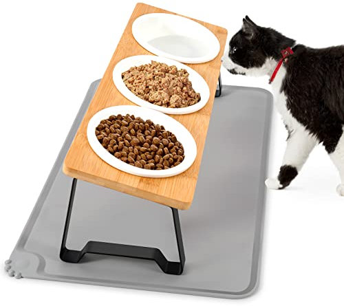 Lannvan Set 3 Ciotole Rialzate, per Gatti, in Ceramica, 15° Inclinate, per Cibo e Acqua con Tappetino Antiscivolo, per Cani Piccoli, Gattini