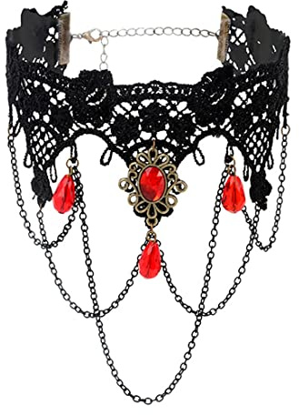 Prosy Halloween Gothic Schwarz Spitze Anhänger Choker Halskette Rot Edelstein Halskette Verstellbar für Frauen Mädchen