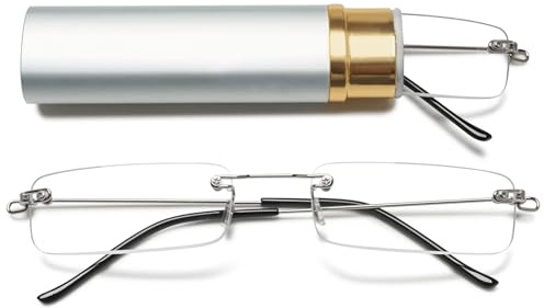 Lanomi Mini rahmenlose Lesebrille Blaulichtfilter Schmal Damen Herren Ultraleichte Rechteck Randlos Lesehilfe Klein Brille mit MetallEtui