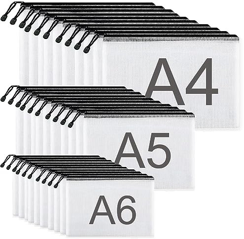 ASelected 30 Stücke Dokumententasche Reißverschluss A4 A5 A6, Wasserdichte Dokumententasche Reissverschluss, Mesh Kunststoff Reißverschlusstasche, Zipper Taschen für Datei, Dokumente, Reisezubehör