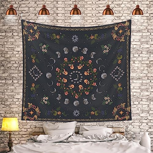 OKUYAN Botanical Moon Phase Wall Hanging - Floral Plants Nature Tapestry for Bedroom, Living Room, Cafe & Dining Room (130x150cm/51x59)