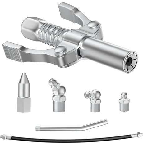 Pindex Coupler for Grease Gun, Grease Gun Coupler Quick Release Lock, Grease Gun Coupler Set with Nozzle Hose