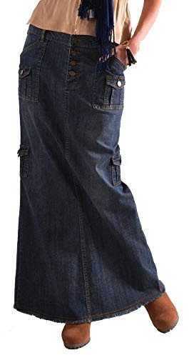 PAIDAXING Maxi gonna di jeans da donna dritta lunga gonna in denim con tasche muti bottone frontale gonna trapuntata da donna a vita alta elasticizzata vintage gonna di jeans retrò blu, Blu scuro, XL