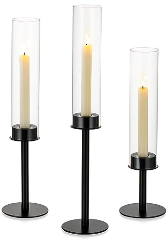 Nuptio Kerzenhalter Kerzenständer Schwarz Stabkerzen: Klarglas Metall Glaszylinder für Kerzen Stabkerzenhalter Groß Bodenlosen Zylinder Schatten Hochzeit Tisch Tafelaufsatz Dekor Satz von 3