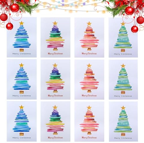 Weihnachtskarten mit Umschlag Set, 12 Stück Weihnachten Karten, Grußkarten Weihnachten, Weihnachten Karte Postkarte, Weihnachten Klappkarten Blanko, Christmas Cards, mit Weihnachtsbaummuster (#1)