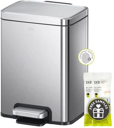 EKO Madison Brushed Stainless Steel Rectangular 6 Litre Trash Can with Lid, Removable Inner Bucket and Small Pedal
