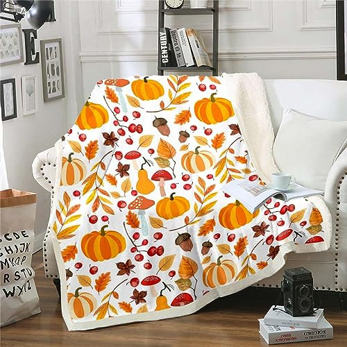 Homewish Couverture décorative d'automne - Ferme Feuille d'érable Citrouille Polaire Sherpa Couverture - Thème récolte Fuzzy Thanksgiving Cadeaux 130 x 150 cm