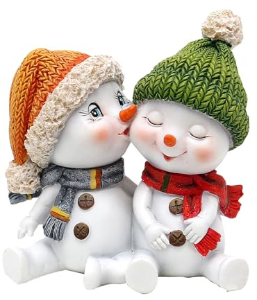 Dekohelden24 Schneekinderpaar mit Mütze und Schal in rot, grau, orange, grün, L/B/H 10,7 x 7,3 x 10,8 cm